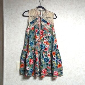 Umgee green floral high neck laced dress size large